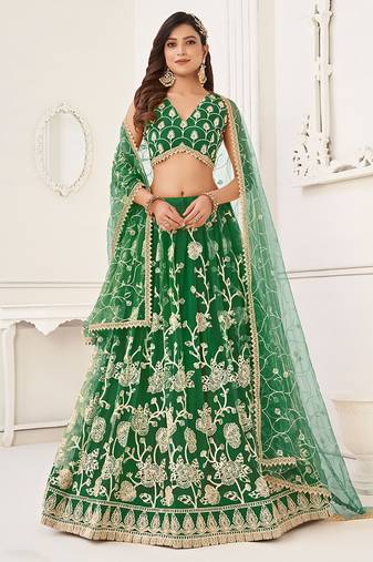 Green Thread & Sequins Embroidery Work Net Lehenga