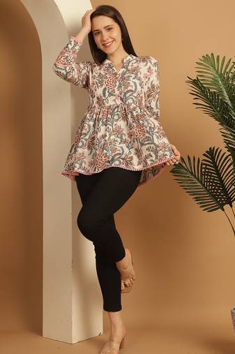 White women's pure cotton jaipuri printed short top