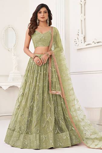 Green Thread & Sequins Embroidery Work Net Lehenga