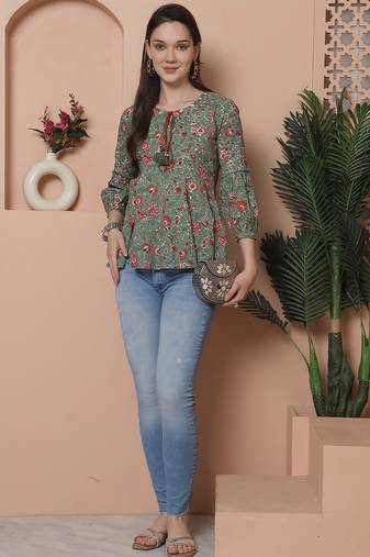 Sea green women's pure cotton jaipuri printed short top