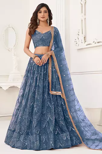 Sky Blue Thread & Sequins Embroidery Work Net Lehenga