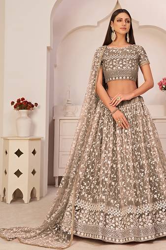 Brown Thread & Sequins Embroidery Work Net Lehenga