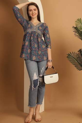 Teal blue women's pure cotton jaipuri printed short top