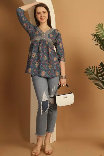 Teal blue women's pure cotton jaipuri printed short top