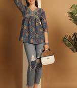 Teal blue women's pure cotton jaipuri printed short top