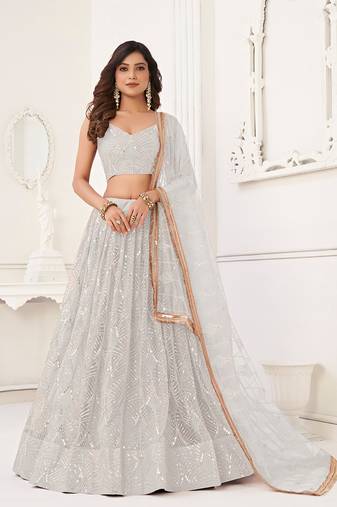 White Thread & Sequins Embroidery Work Net Lehenga