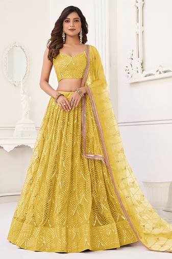 Yellow Thread & Sequins Embroidery Work Net Lehenga