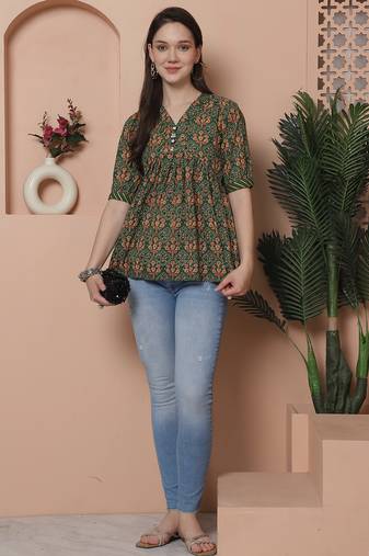 Green women's pure cotton jaipuri printed short top