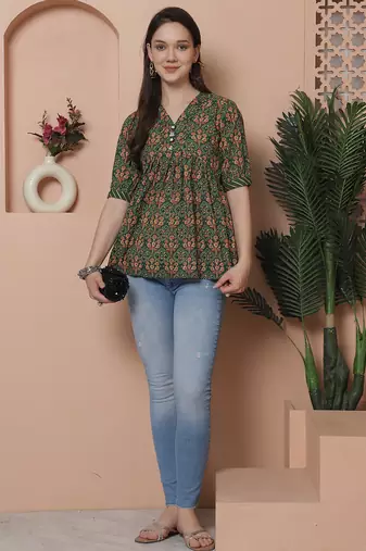 Green women's pure cotton jaipuri printed short top