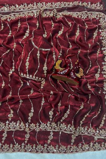 Wine Color Embroidered Space Silk Saree