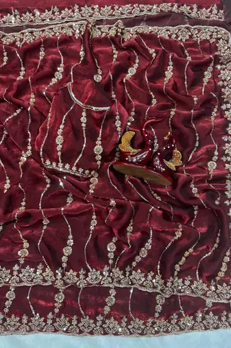 Wine Color Embroidered Space Silk Saree