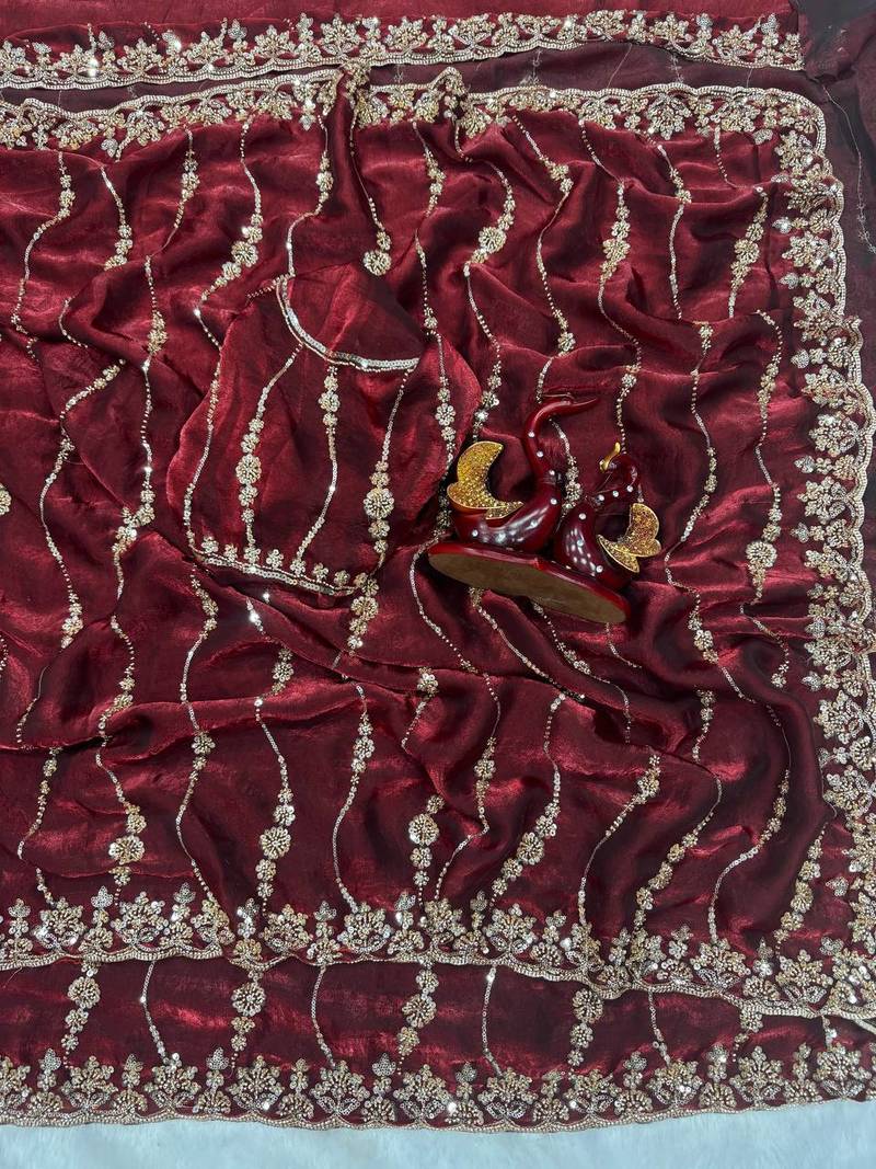 Wine Color Embroidered Space Silk Saree