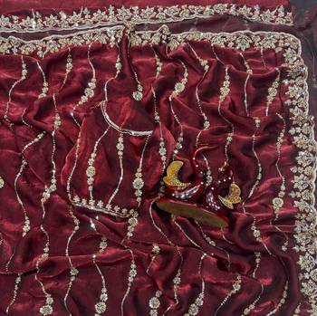 Wine Color Embroidered Space Silk Saree 2