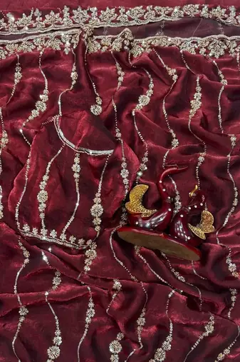 Wine Color Embroidered Space Silk Saree