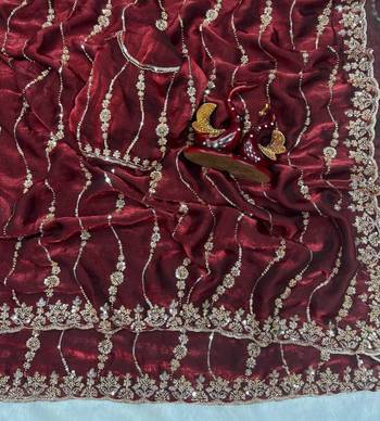 Wine Color Embroidered Space Silk Saree 3