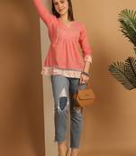 Peach women's pure cotton bandhani printed short top