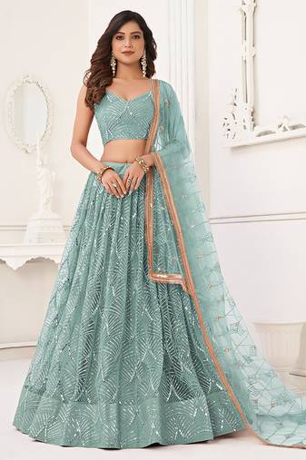 sea Green Thread & Sequins Embroidery Work Net Lehenga