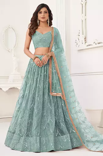 sea Green Thread & Sequins Embroidery Work Net Lehenga