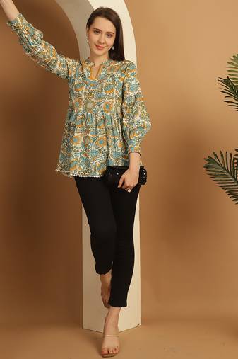 White & sky blue women's pure cotton jaipuri printed short top