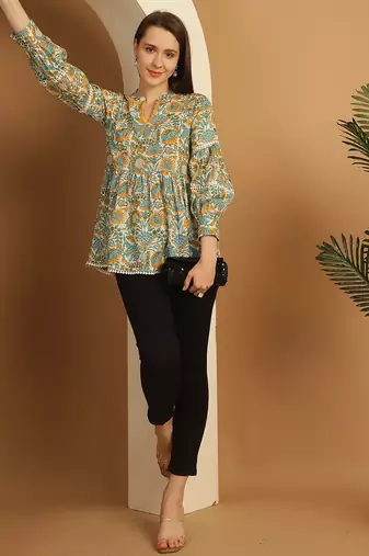 White & sky blue women's pure cotton jaipuri printed short top