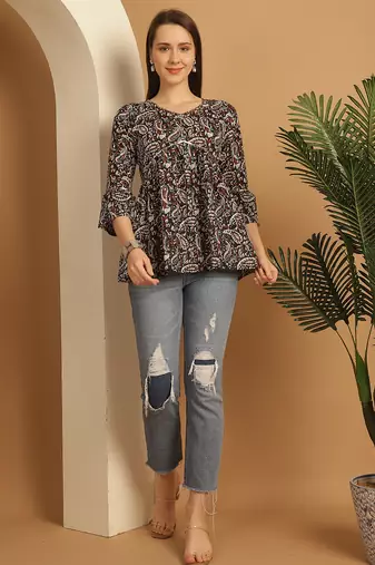 Multicolor women's pure cotton jaipuri printed short top