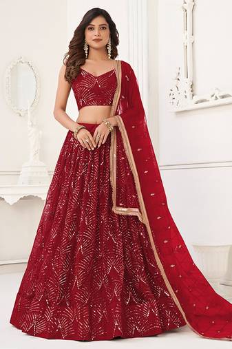 Red Thread & Sequins Embroidery Work Net Lehenga