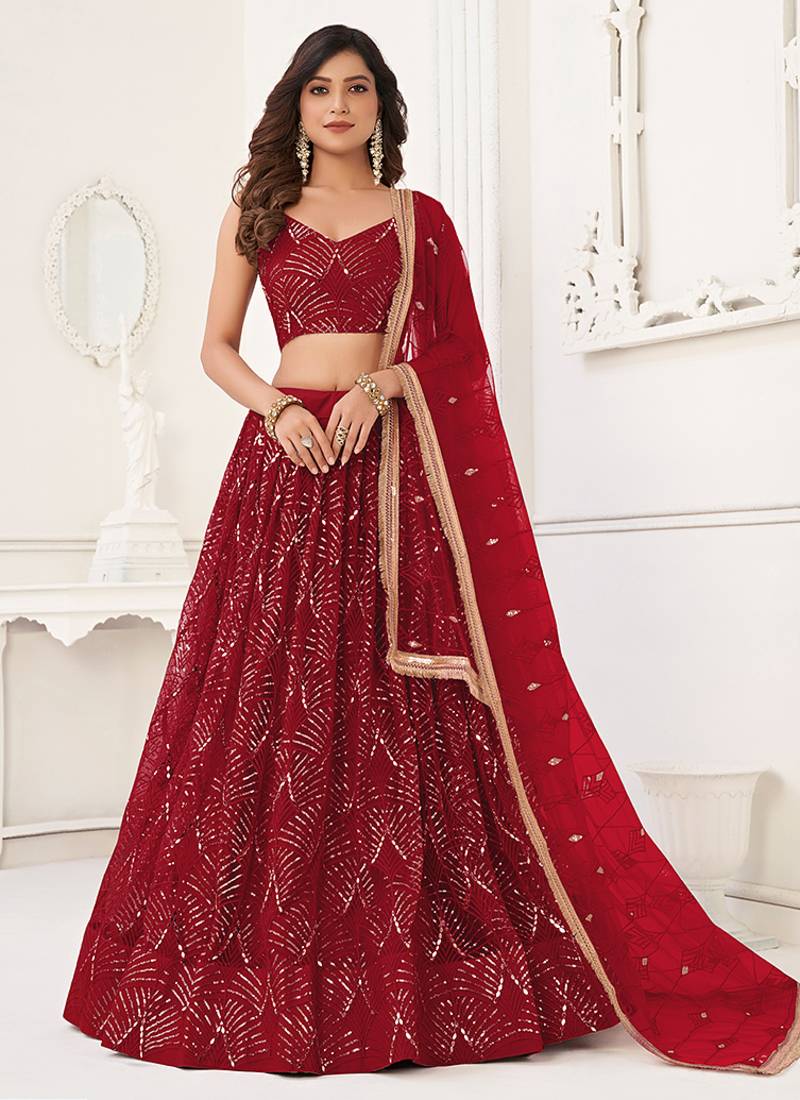 Red Thread & Sequins Embroidery Work Net Lehenga