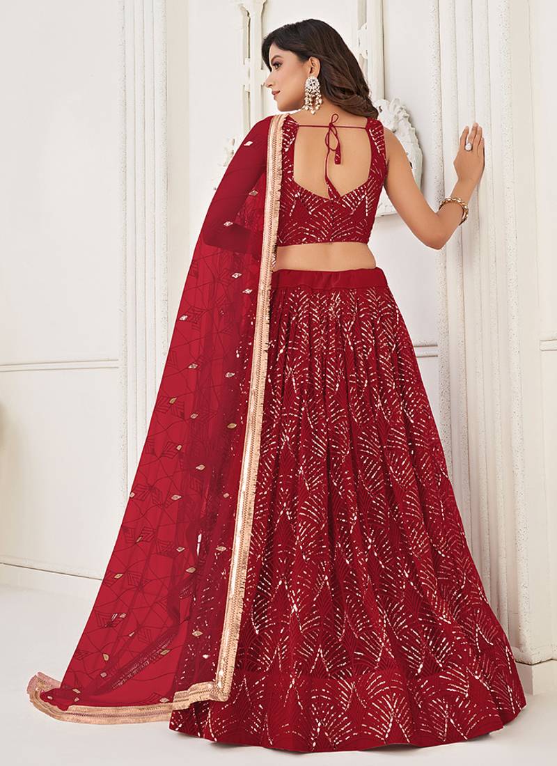 Red Thread & Sequins Embroidery Work Net Lehenga