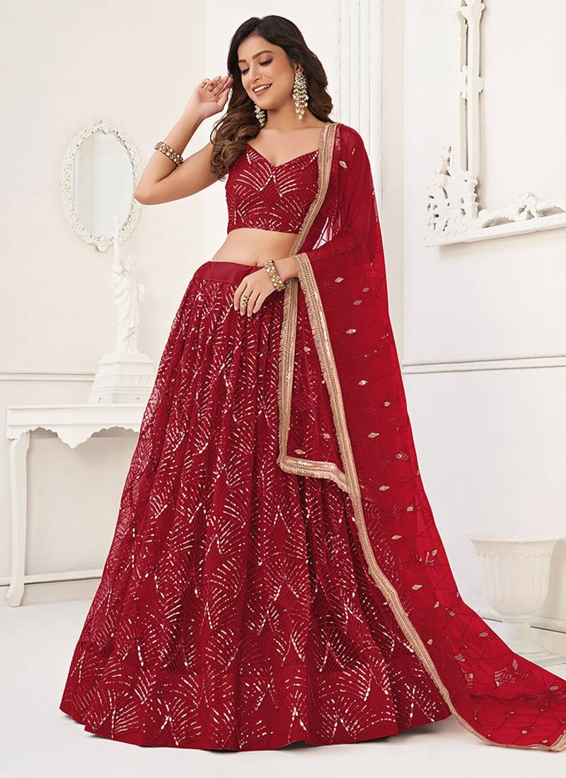 Red Thread & Sequins Embroidery Work Net Lehenga