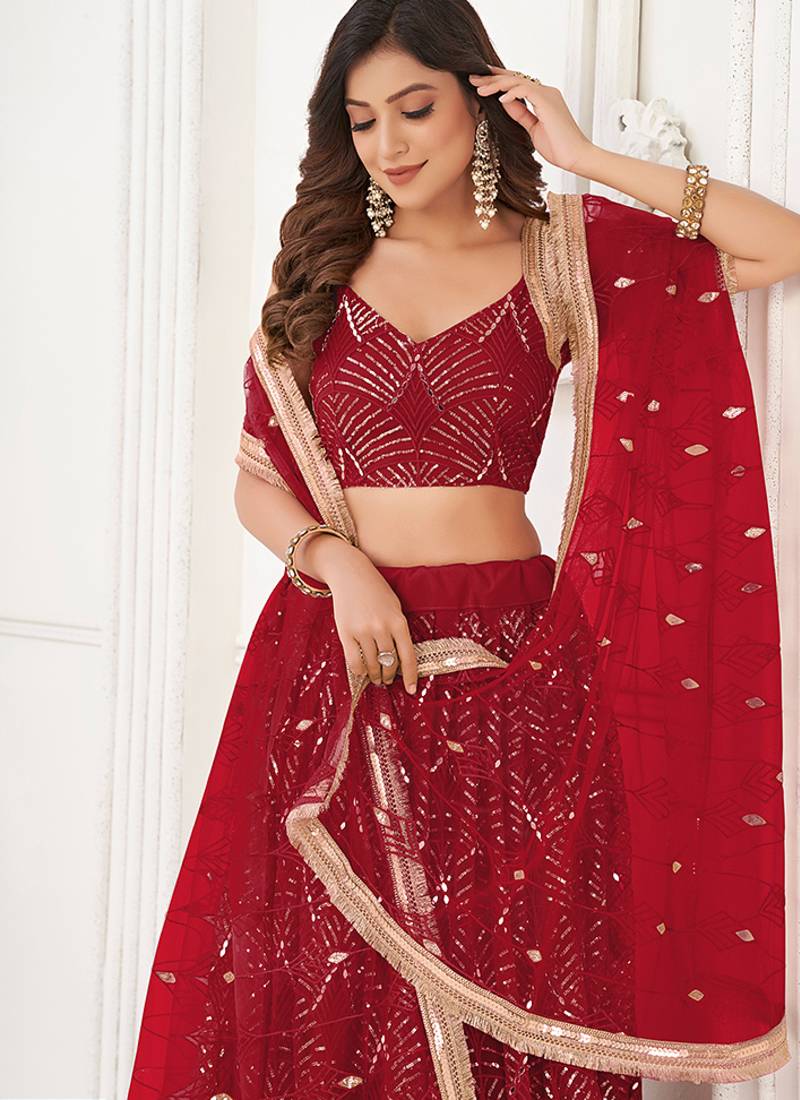 Red Thread & Sequins Embroidery Work Net Lehenga