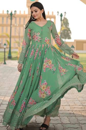 Pista Faux Georgette Embroidered & Printed Gown     & Lightweight