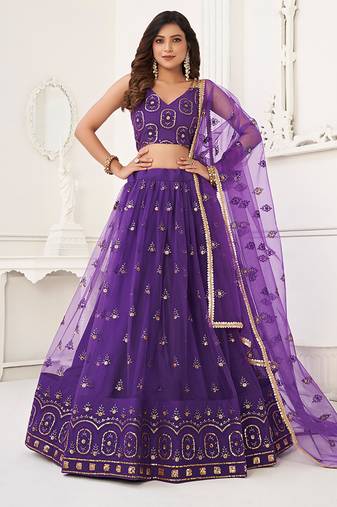 Purple Thread & Sequins Embroidery Work Net Lehenga