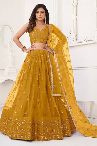 Mustard  Thread & Sequins Embroidery Work Net Lehenga