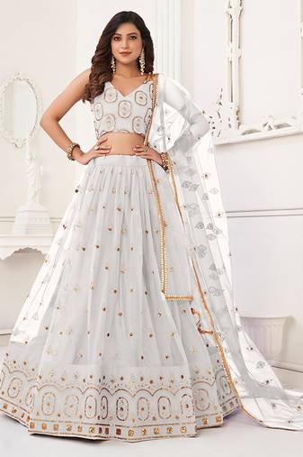 White Thread & Sequins Embroidery Work Net Lehenga