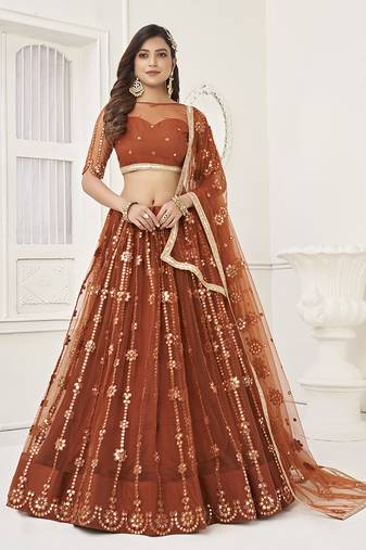 Brown Thread & Sequins Embroidery Work Net Lehenga