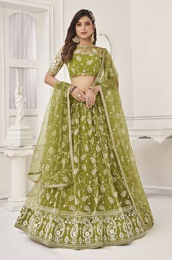 Olive Green Thread & Sequins Embroidery Work Net Lehenga