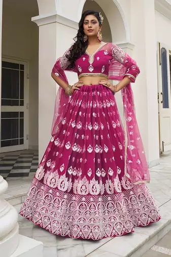 Pink Thread & Sequins Embroidery Work Net Lehenga