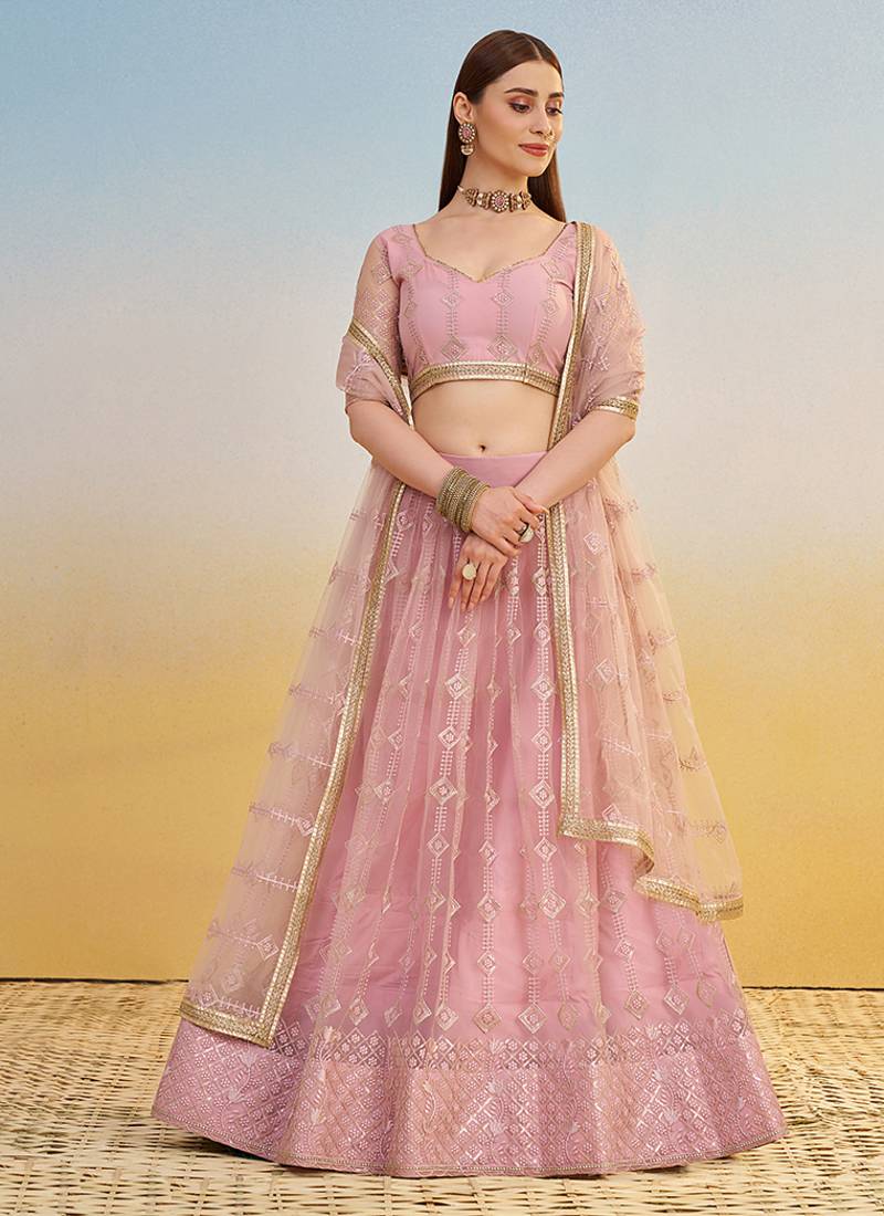 Pastel Pink Thread & Sequins Embroidery Work Net