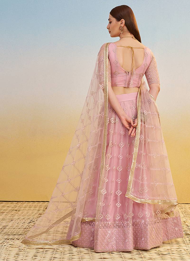 Pastel Pink Thread & Sequins Embroidery Work Net