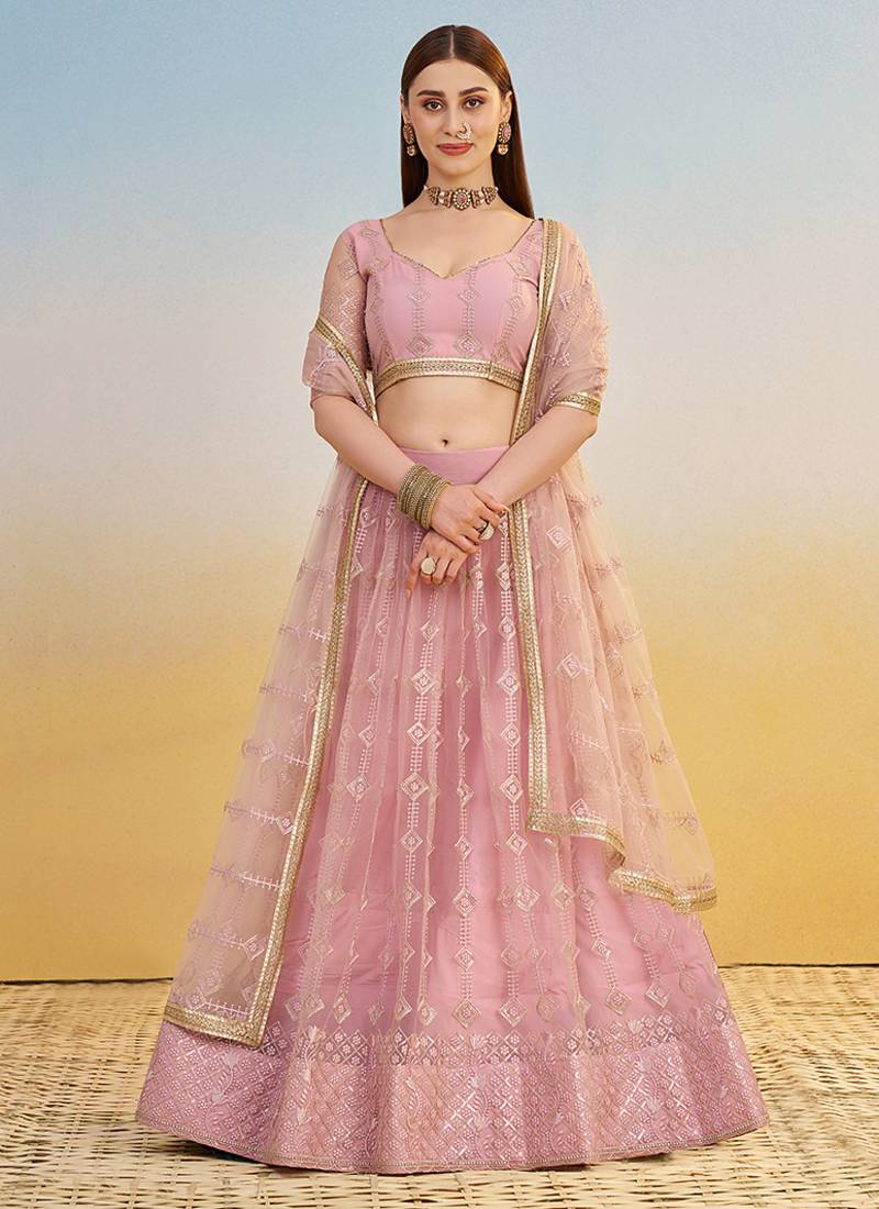 Pastel Pink Thread & Sequins Embroidery Work Net