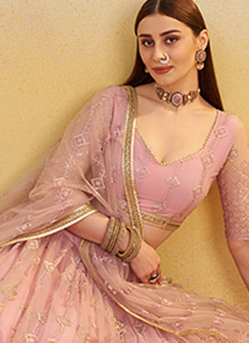 Pastel Pink Thread & Sequins Embroidery Work Net