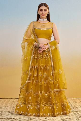 Mustard Thread & Sequins Embroidery Work Net Lehenga