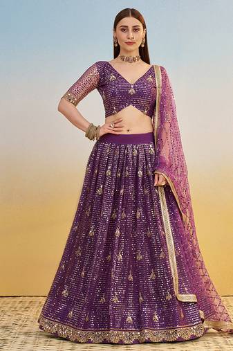 Dark Purple Thread & Sequins Embroidery Work Net Lehenga