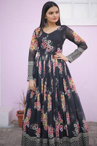 Black Faux Georgette Embroidered & Printed Gown     Festive Elegance
