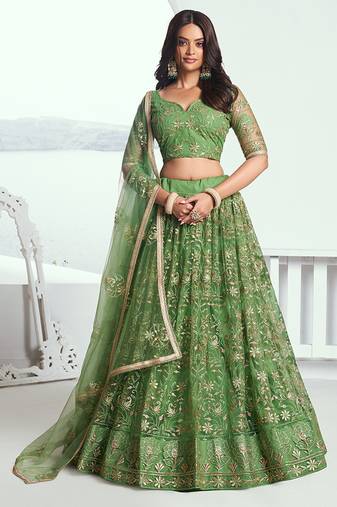 Green Thread & Sequins Embroidery Work Net Lehenga
