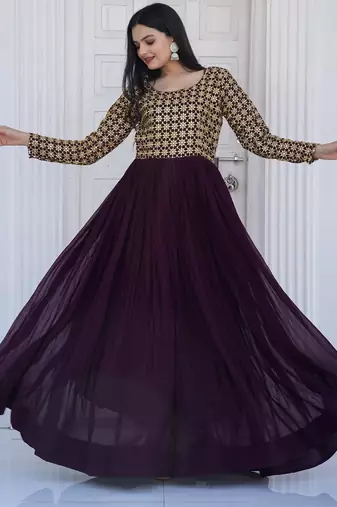 Wine Faux Blooming Printed Gown     Graceful & Stylish