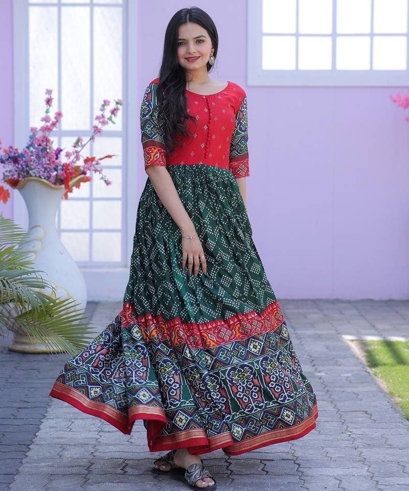 Green Dola Printed Gown     Lightweight, & Stylish