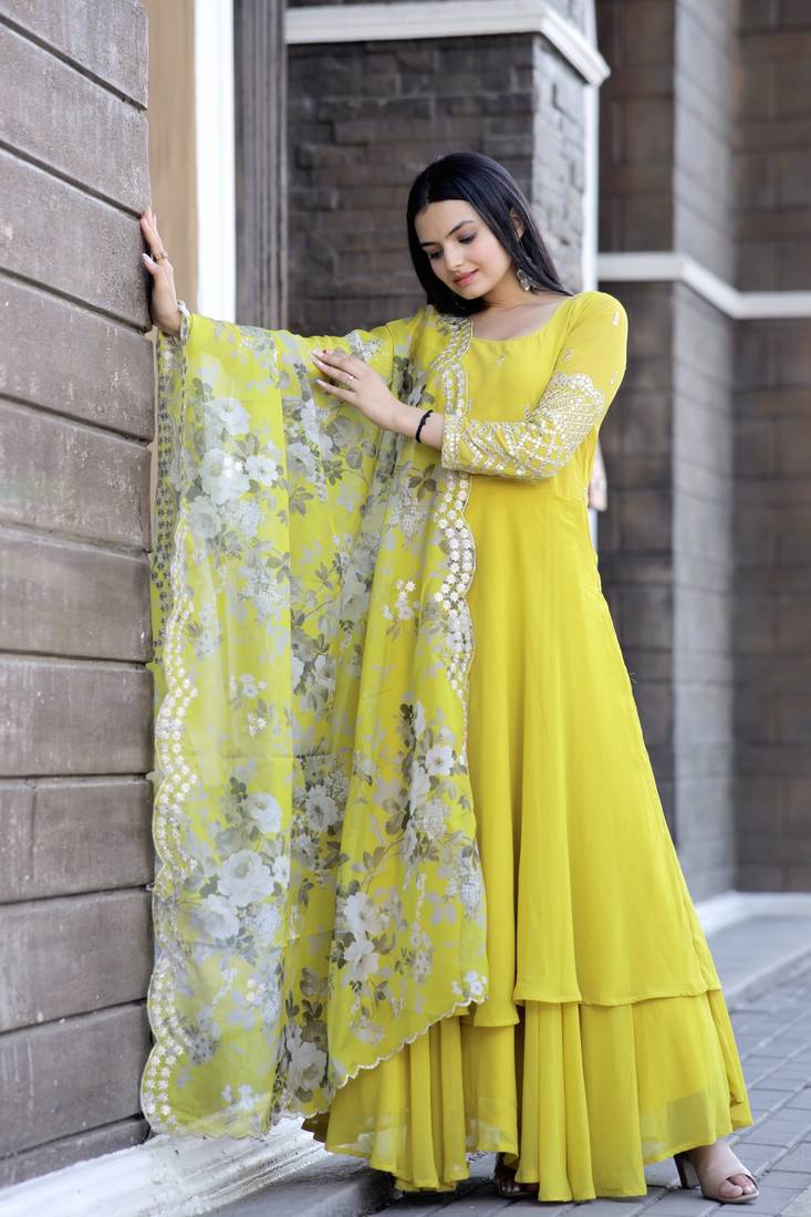 Yellow Zari Embroidered Gown             Festive