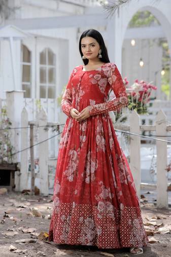 Red Embroidered & Printed Georgette Gown     Party Wear
