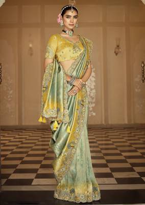 Elegant soft silk blend saree with zari weaving embroidery & khatli work 1